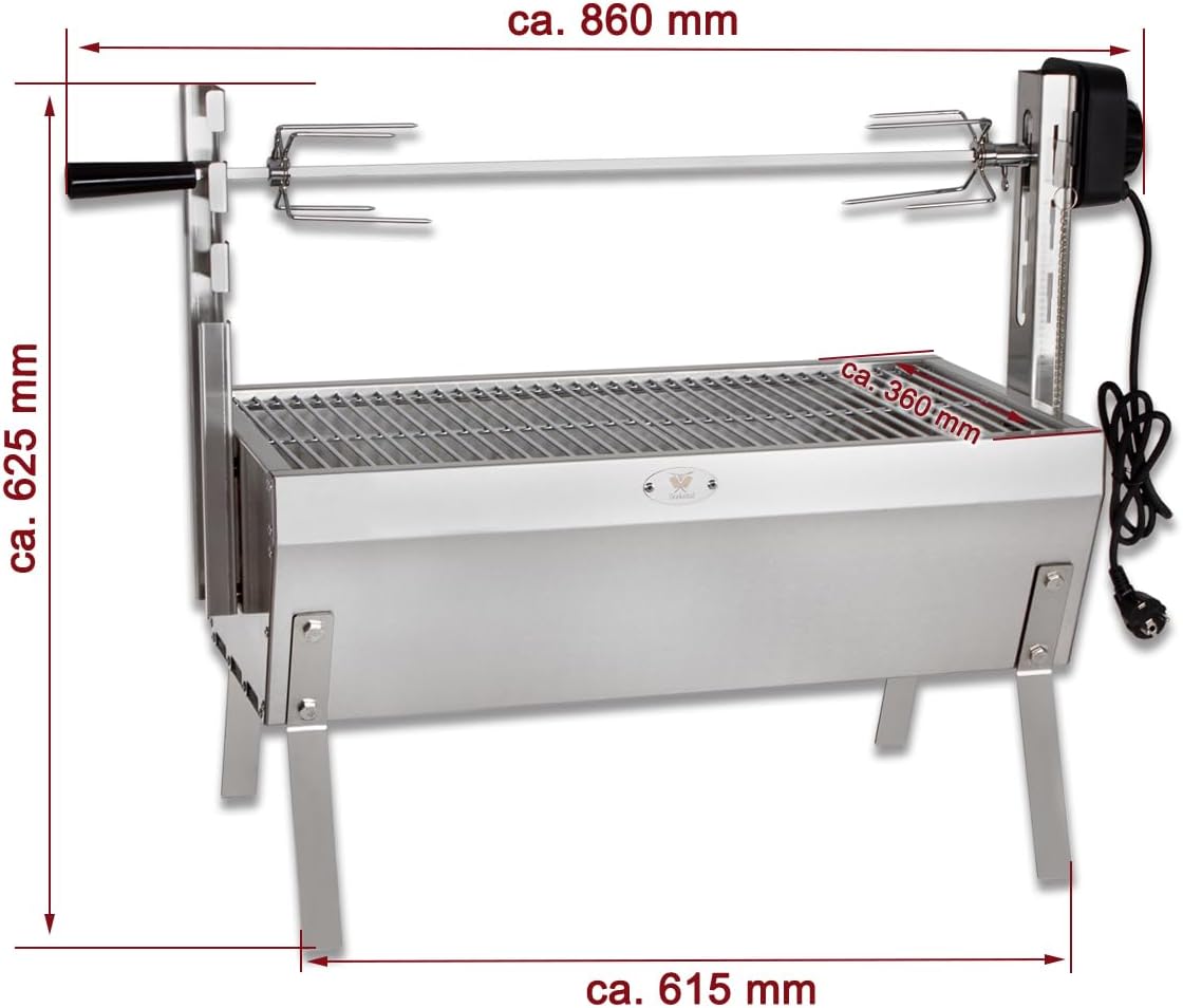 Beeketal 'SGB-8' Tisch Spießbratengrill mit Grillmotor für Hähnchen oder Rollbraten, Spießgrill mit 3-fach verstellbarem Drehspieß für bis zu 4 kg Grillgut, Grillfläche Holzkohlegrill: ca. 60x32 cm