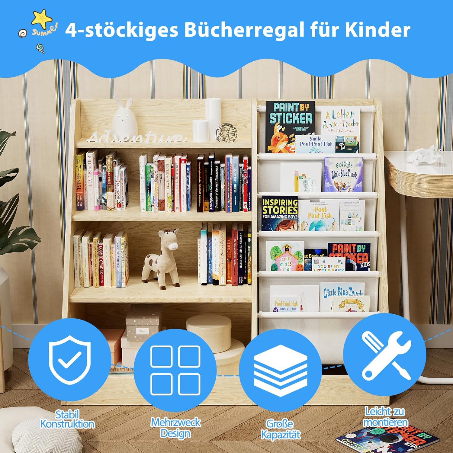 Kinderregal Bücherregal für Kinder 90x40x80cm, mit 5 Ablage und 4 offenen Fächern, Holz, Spielzeugregal, Spielzeug-Organizer für Kinderzimmer, Natur