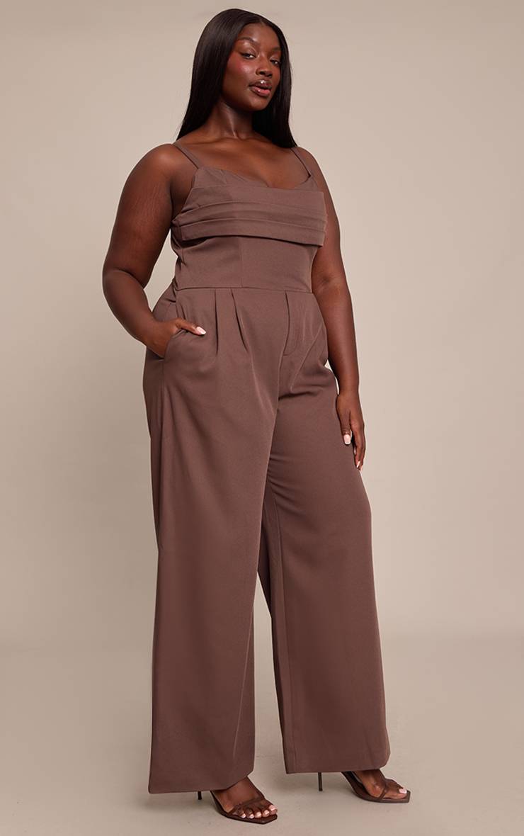 Chocolat Combinaison Pantalon Large Grande Taille Avec Détails De Panneaux Ajustés
