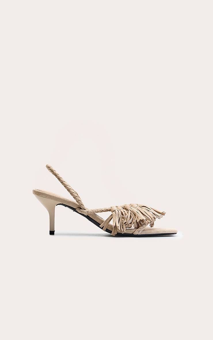 Sable Mules À Talons Avec Détail Pompon