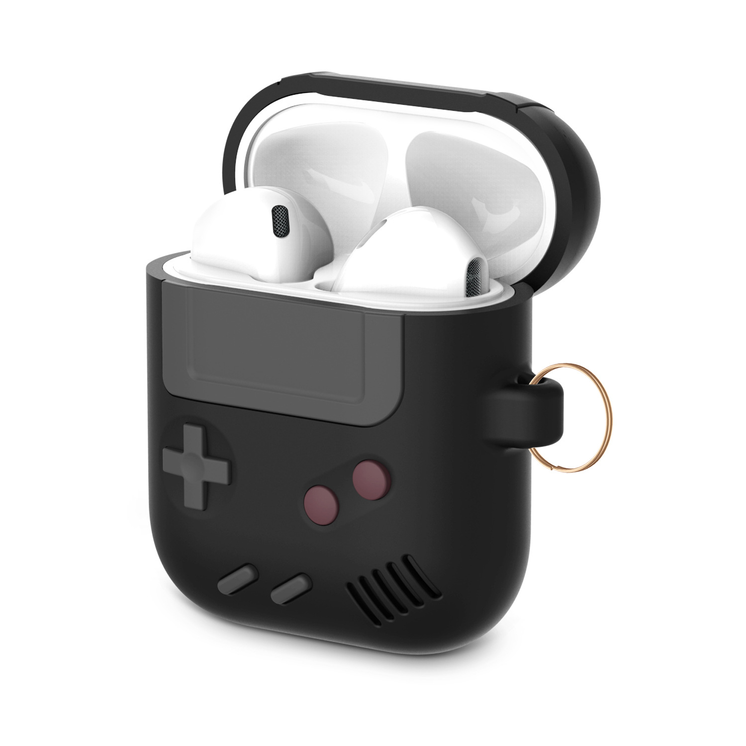 AirPods (1. & 2. Generation) Gummi Schutzhülle Retro Spielekonsole Abdeckung mit Karabinerhaken - Schwarz