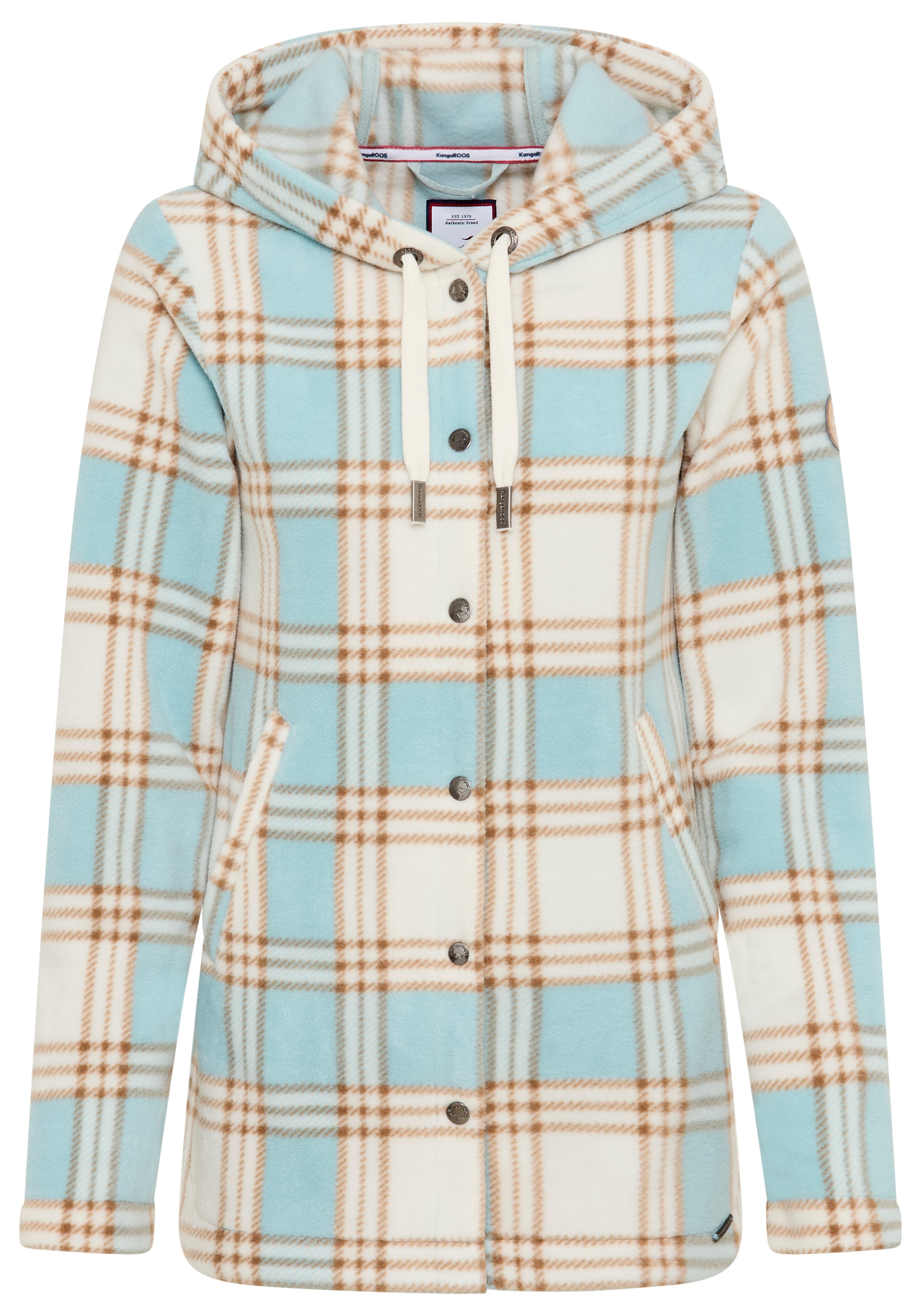KangaROOS Fleecejacke mit Kapuze mit bedrucktem Karo Muster, weite Passform, Übergangsjacke