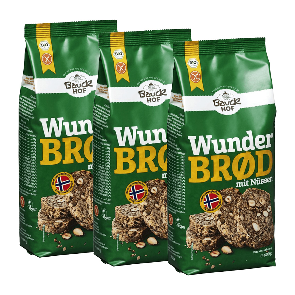 3 x Bio Backmischung Wunderbrød mit Nüssen (3x600g)