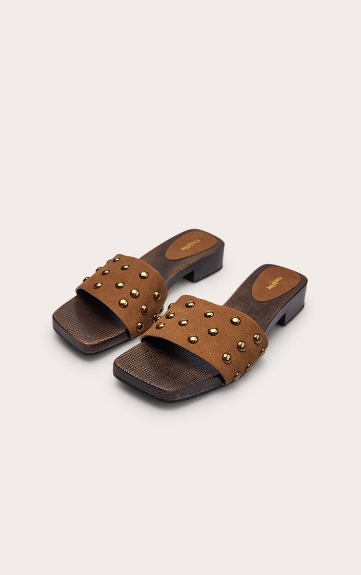 Marron Mules À Talon Bloc Chaton En Synthétique Avec Clous