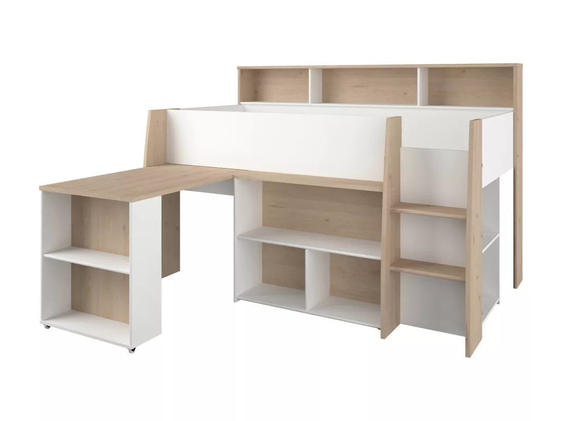 Lit combiné 90 x 200 cm avec bureau et rangements - Blanc et naturel + Matelas - APOLINO