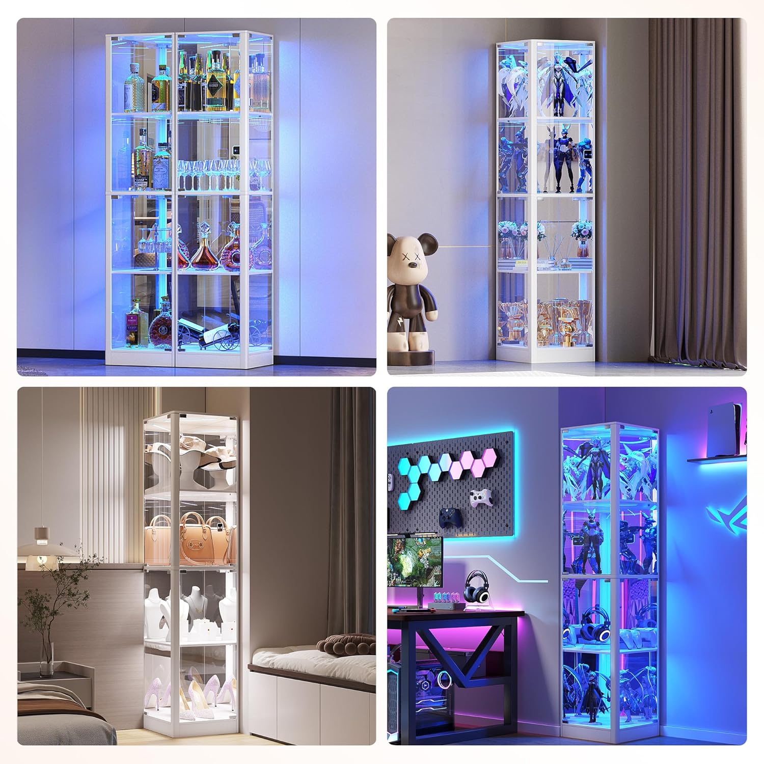 FREDEES Vitrine mit Glastüren, Eck-Kuriositätenschränke mit LED-Beleuchtung, 4-stöckige Glasvitrine für Sammlerstücke/Spielzeug/Bücher, Verspiegelter Aufbewahrungsschrank, Weiß