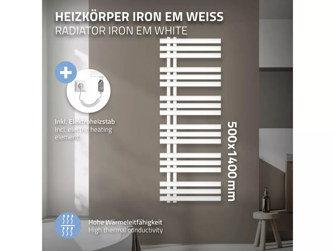 Iron EM Design Radiateur électrique avec résistance 900 W, 500 x 1400 mm, Blanc