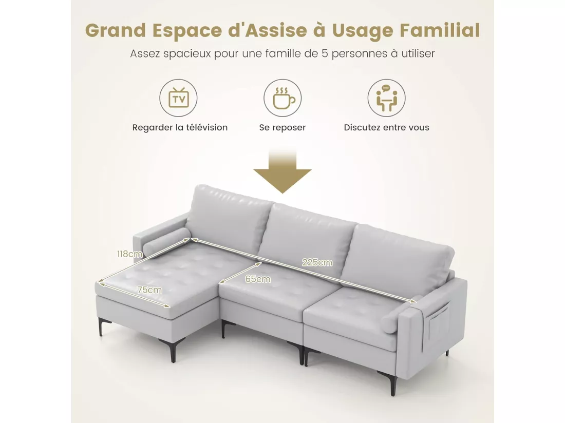 Canapé Convertible à 3 Places, Canapé d'angle en Cuir Aérien avec 2 Ports USB, Gauche ou Droite, 3 Coussins, 2 Traversins, Chaise Longue Moderne pour Salon, Bureau
