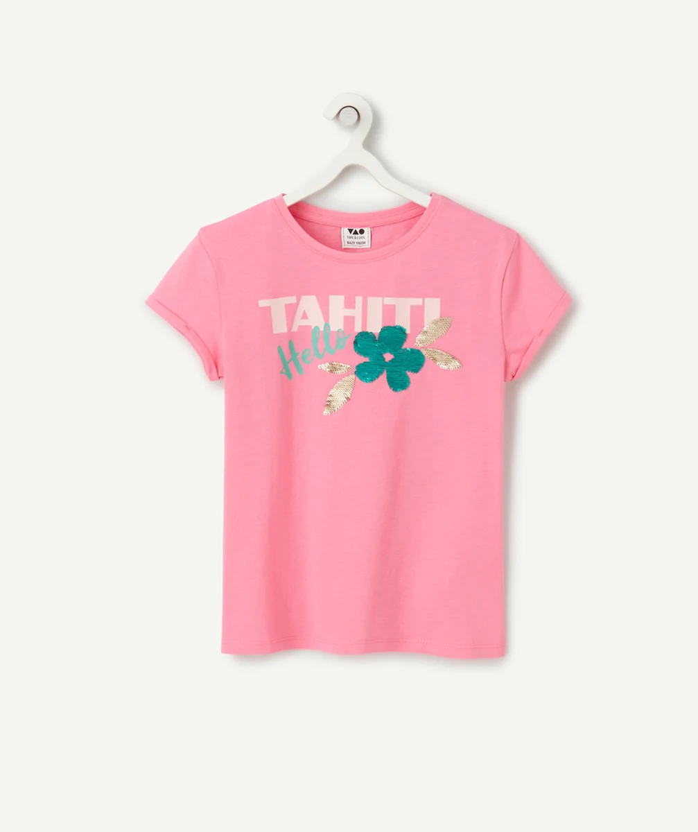 t-shirt manches courtes fille en coton bio rose motif tahiti