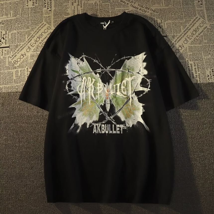 Bay Go Mall - T-shirt met ronde hals en vlinderprint, met elleboogmouwen