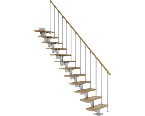 Pertura Chiron middentrap, parelgrijs, recht, 75 cm, eiken gelakte balustrade, 11 treden / 12 stootborden