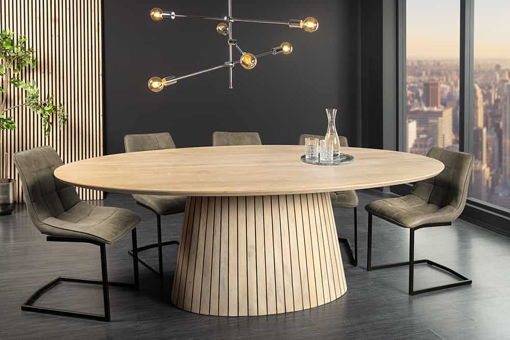 Ovaler Esstisch ART DECO 220cm weiß gekälkt massives Mangoholz mit Säulenfuß