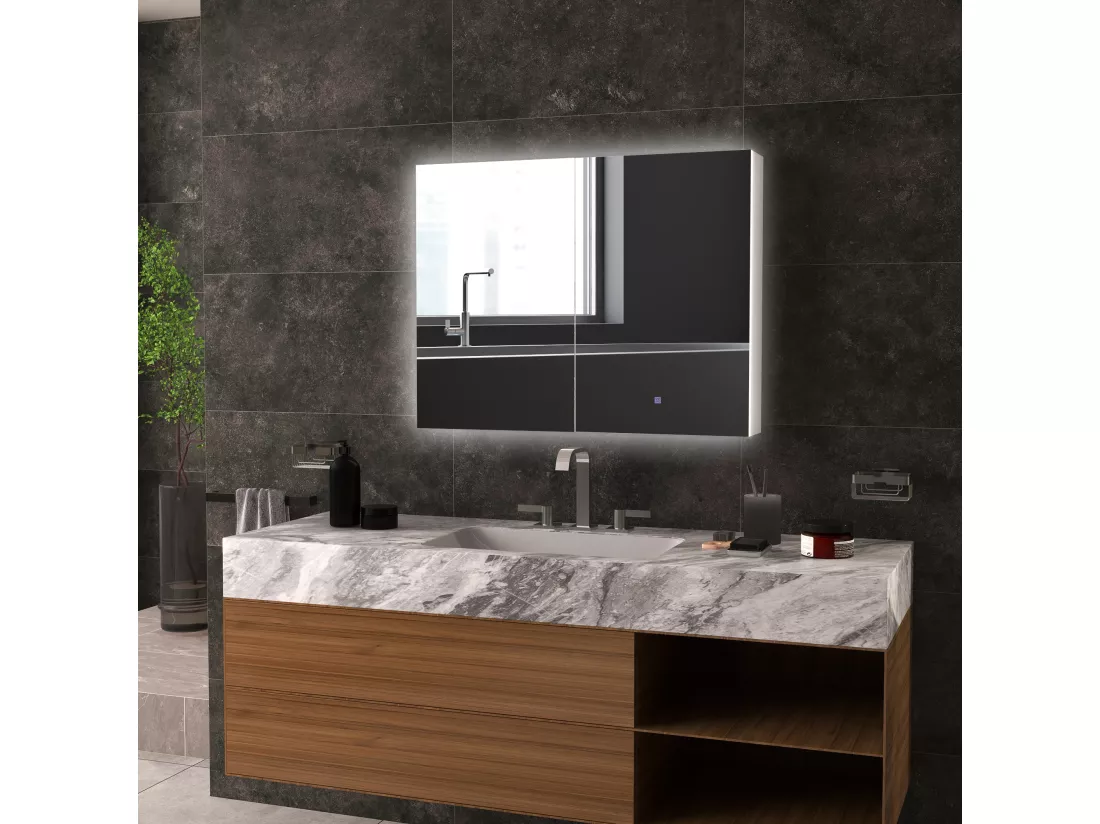 Armoire miroir LED de salle de bain - 2 portes, 2 étagères - tactile, lumière réglable - MDF blanc laqué verre