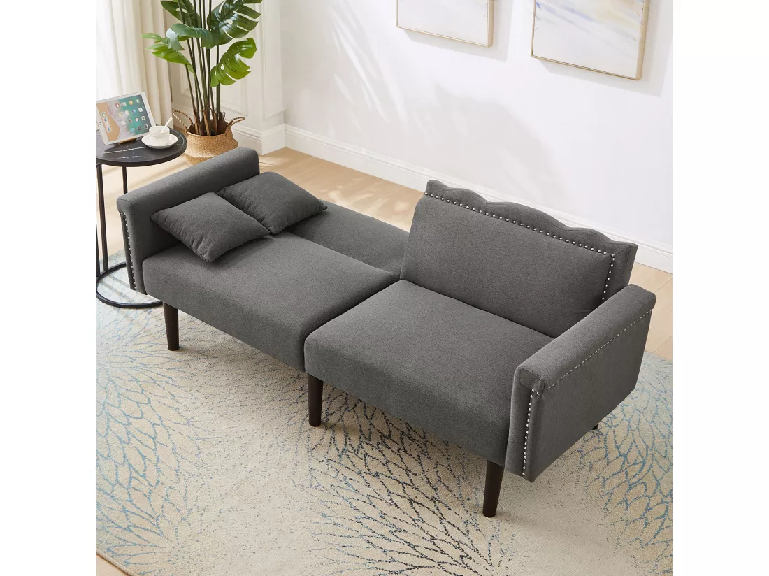 Canapé 2 places avec dossiers réglables - 176 x 72 x 72 cm - Tissu coton-lin et pièds en métal - Gris