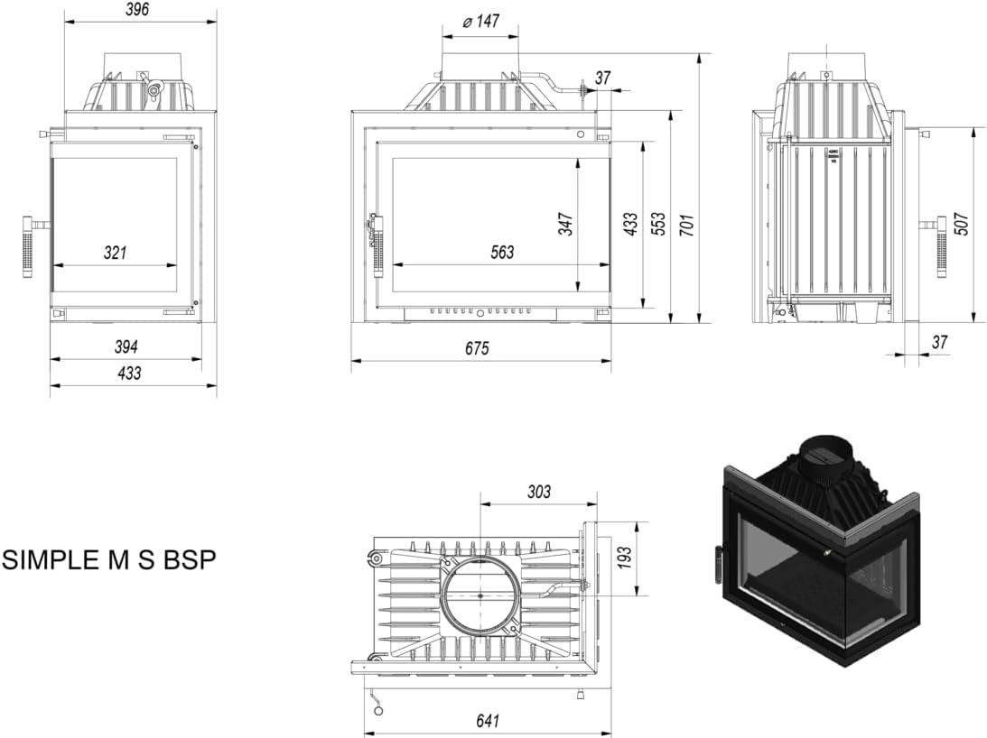 KRATKI Kamineinsatz Gusseisen Simple rechts 8 kW Ø 150 mit Kaminscheibenreiniger