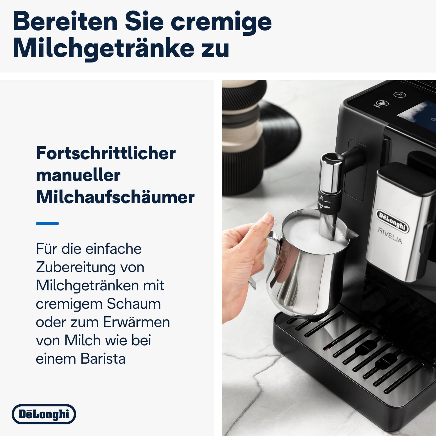 De'Longhi Rivelia EXAM440.35.B, Machine À Café Grain Automatique, Grains Fraîchement Moulus, Bac à Grains Interchangeable, Buse Vapeur Lait Classique, 8 Recettes, Écran Tactile Couleur, Noir