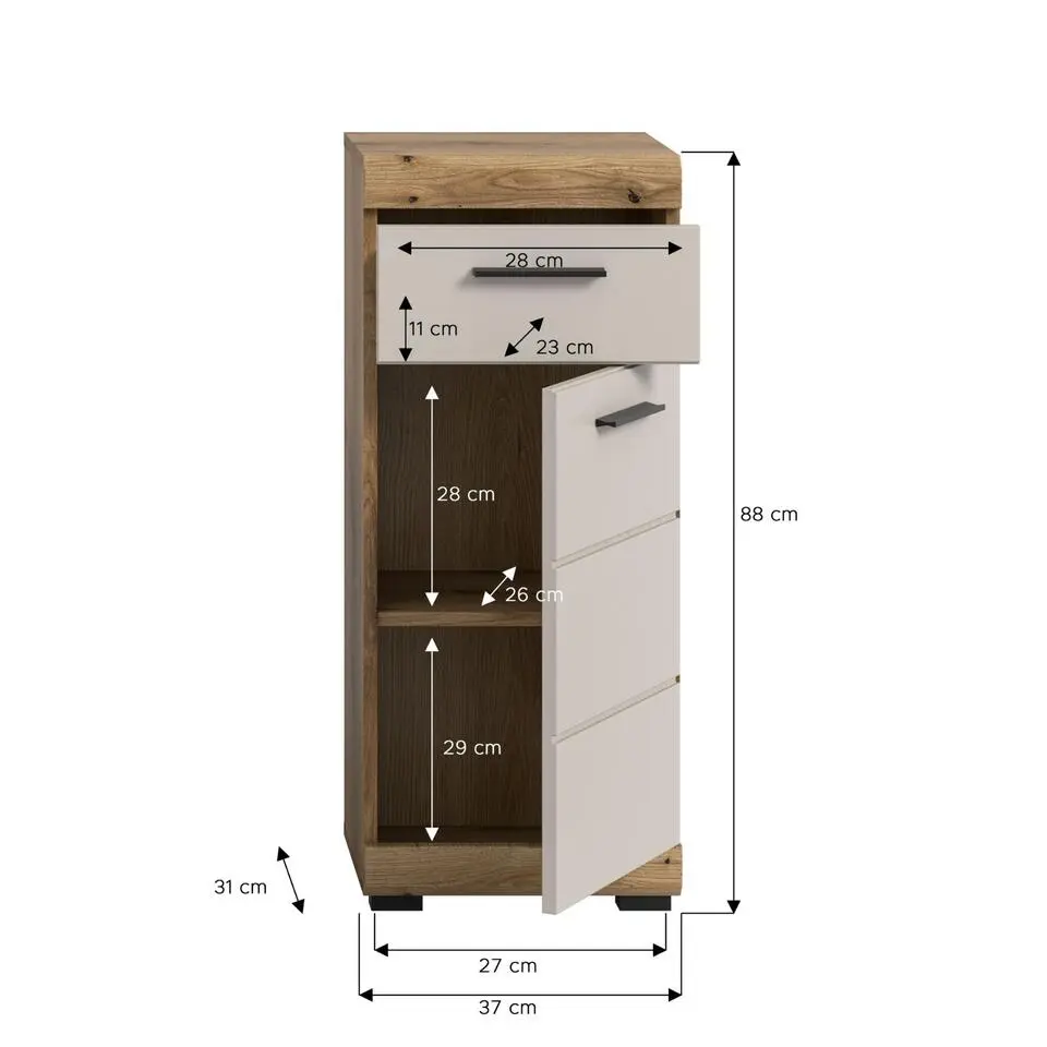 Hioshop Scout badkamerkast 1 deur- 1 lade kasjmier decor mat- eiken decor