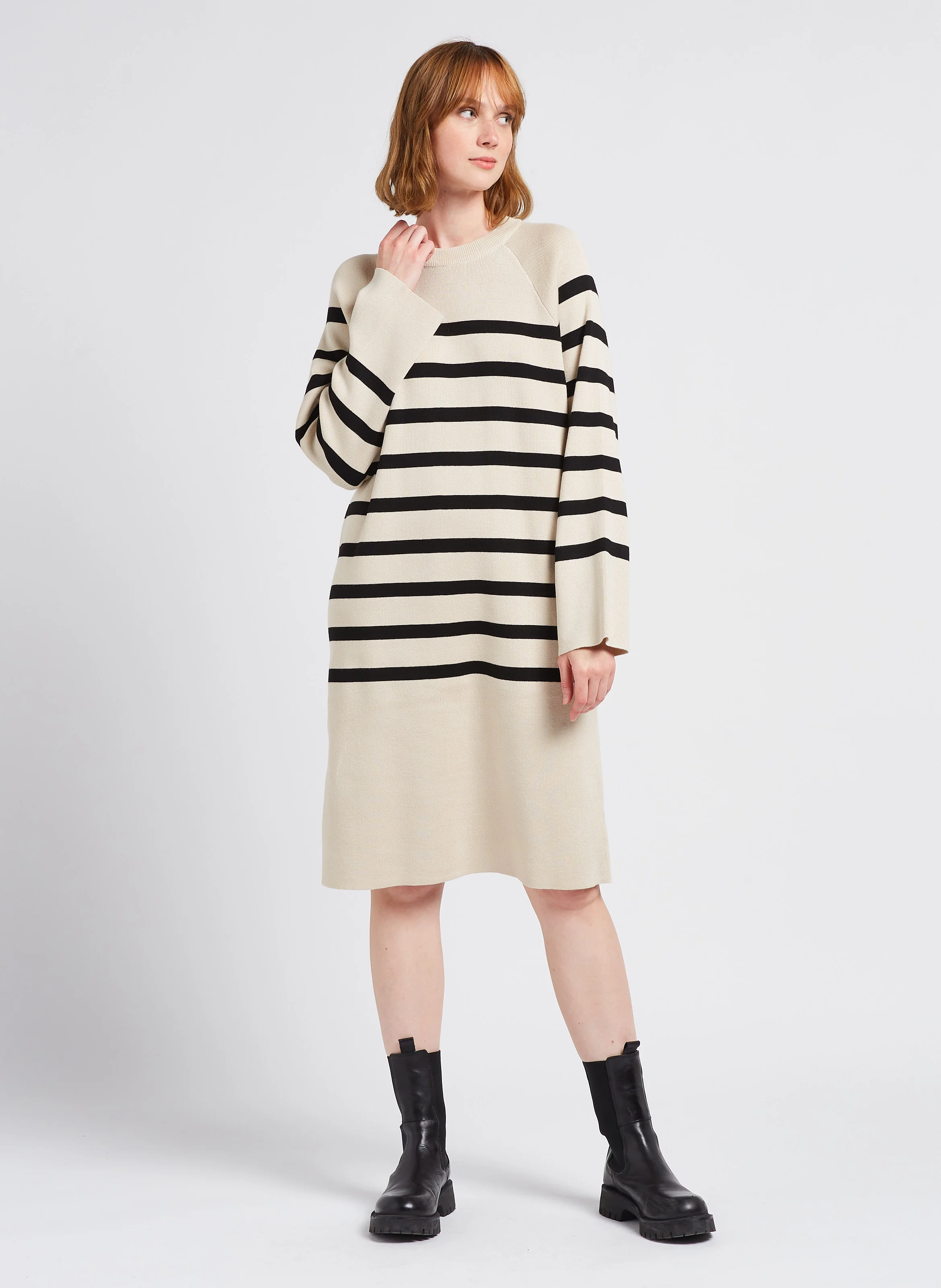 JESTER - Robe midi col rond à rayures| Beige