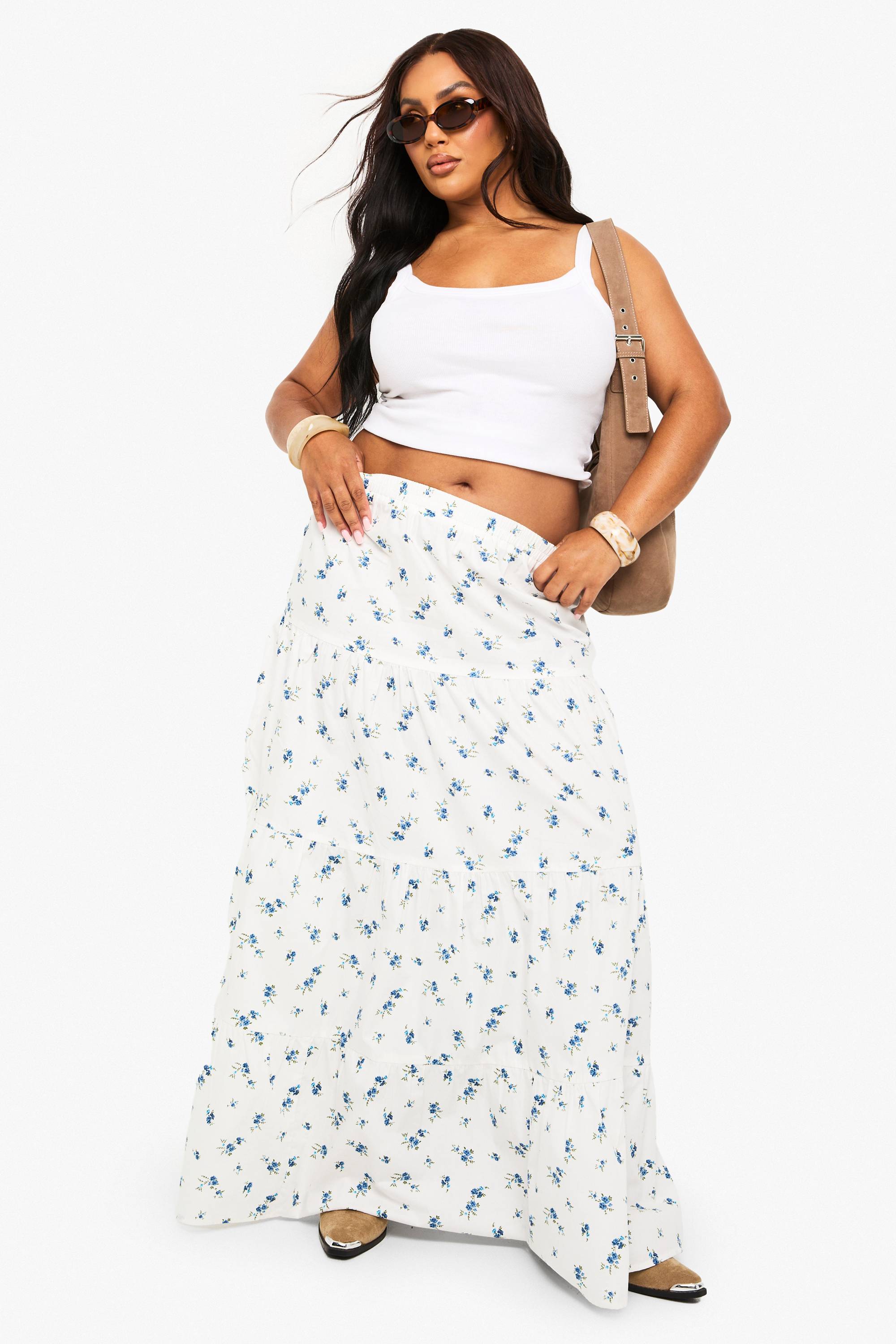 boohoo Jupe maxi à volants en popeline florale Plus