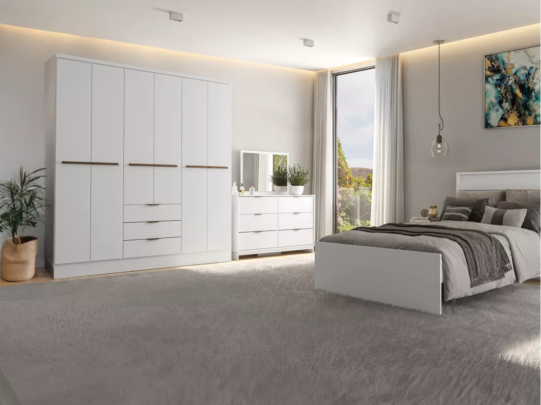 Armoire 6 portes et 3 tiroirs - L180 cm - Blanc - PEROLI
