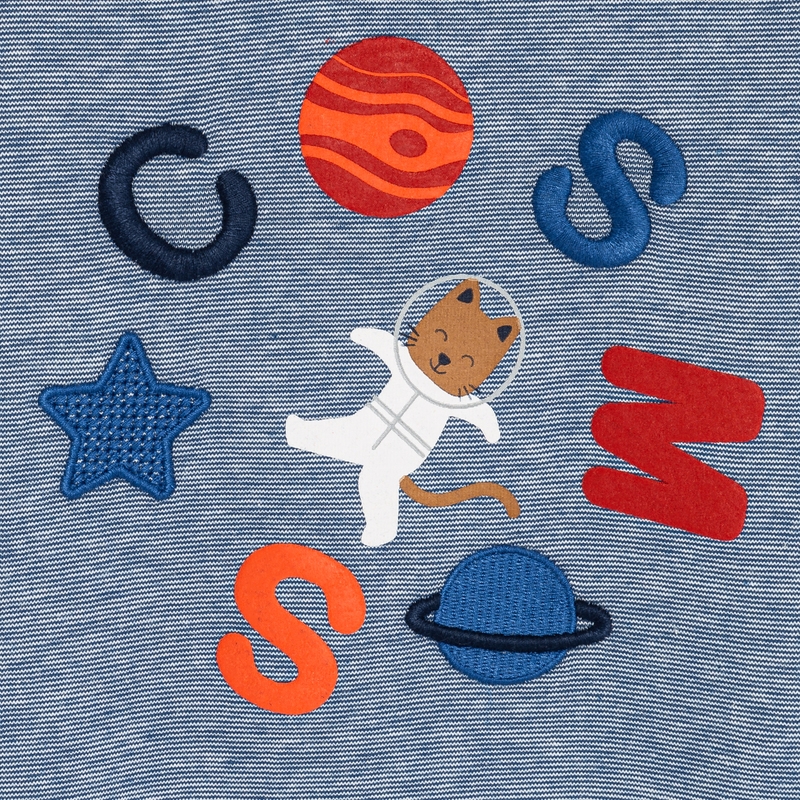 T-shirt effet 2 en 1 rayé chat astronaute bleu bébé garçon