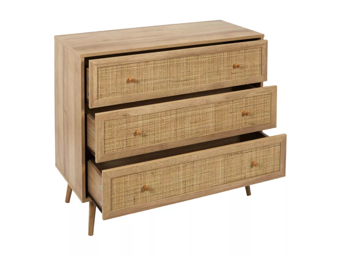 MAYA - Commode 3 Tiroirs Effet Bois et Façades Rotin