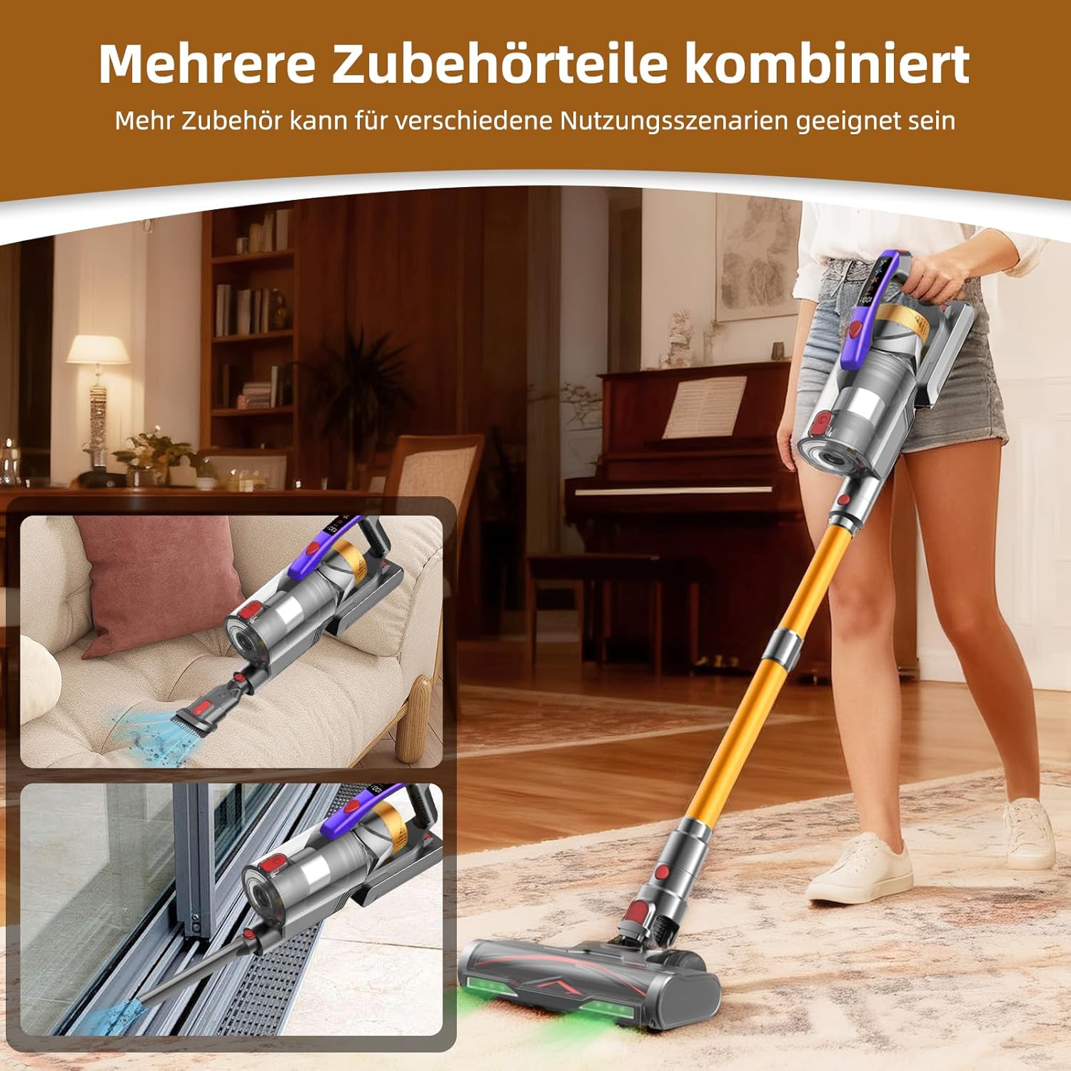 Akku Staubsauger, 58000Pa/550W/65Mins Staubsauger Kabellos mit LED Display und Anti Tangle Bürste, 1.8L Akkustaubsauger, Vacuum Cleaner für Tierhaare/Teppiche/Hartböden/Auto, Gold