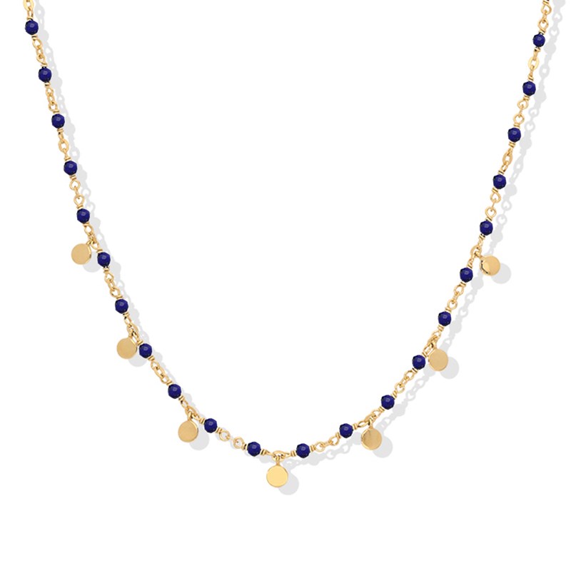 Collier Argent Doré Petites Perles Pampilles Et Pierre Lapis