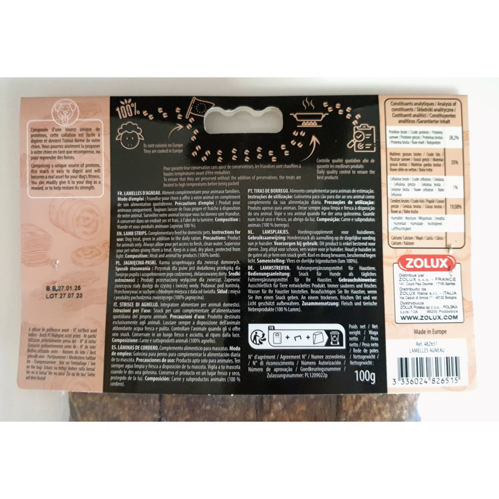 Friandises 4 lamelles d' agneau 100 g pour chien