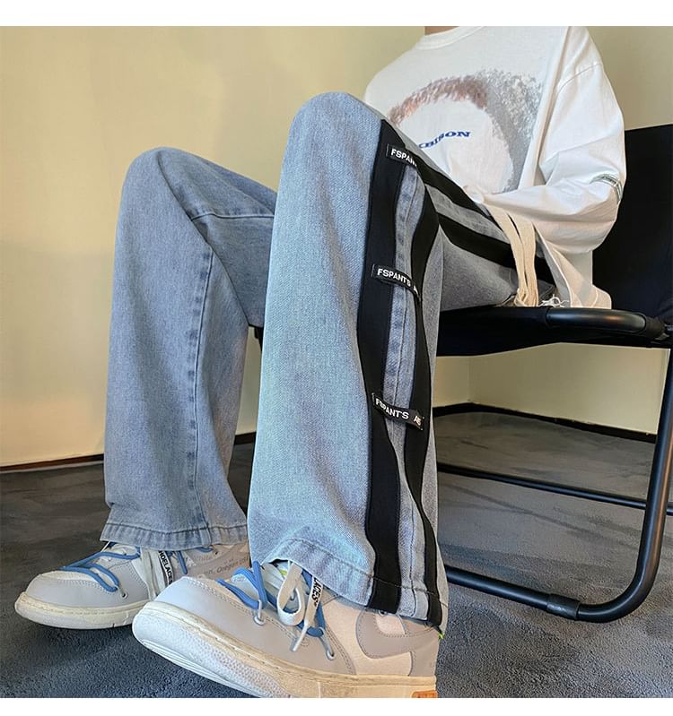 Cowpow - Mid Rise Lettering Striped Washed Wide Leg Jeans