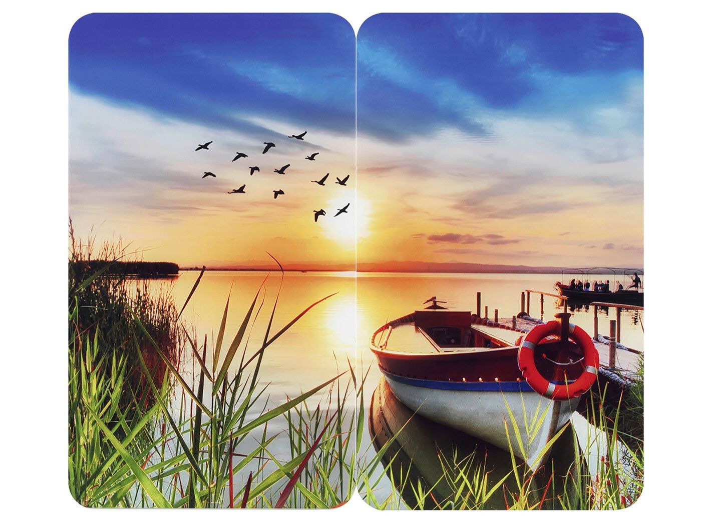 Herdabdeckplatten oder Wandblende aus Glas, Motiv Idylle am See