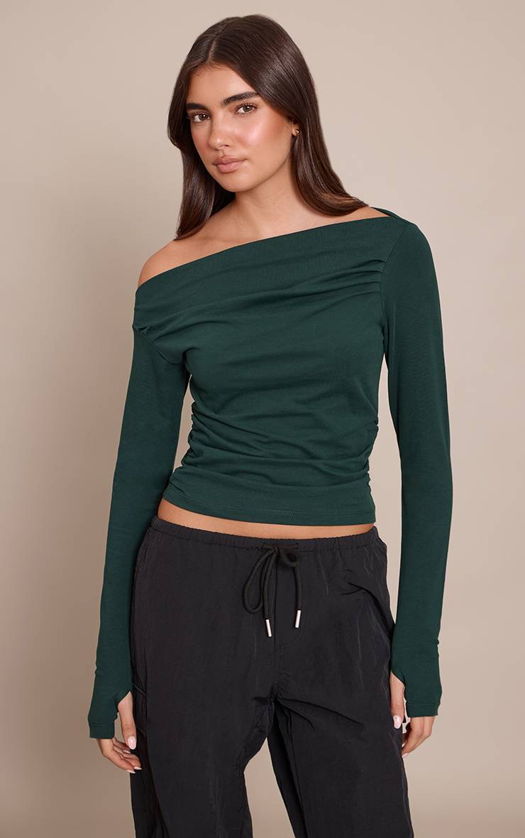Forest Green Haut Asymétrique Froncé À Manches Longues En Coton Doux