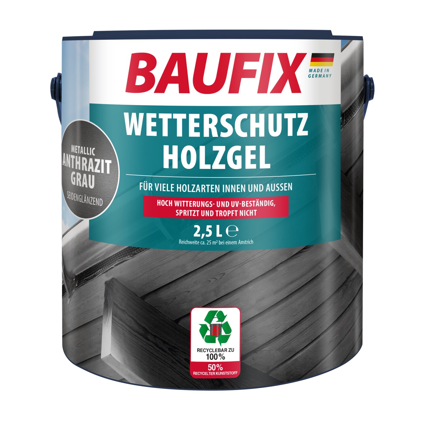 BAUFIX Metallic Wetterschutz-Holzgel anthrazitgrau seidenglänzend, 2.5 Liter, Holzlasur