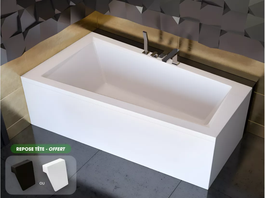 Baignoire asymétrique + tablier blanc + repose tête - INTIMA - 150 x 85 cm - Gauche