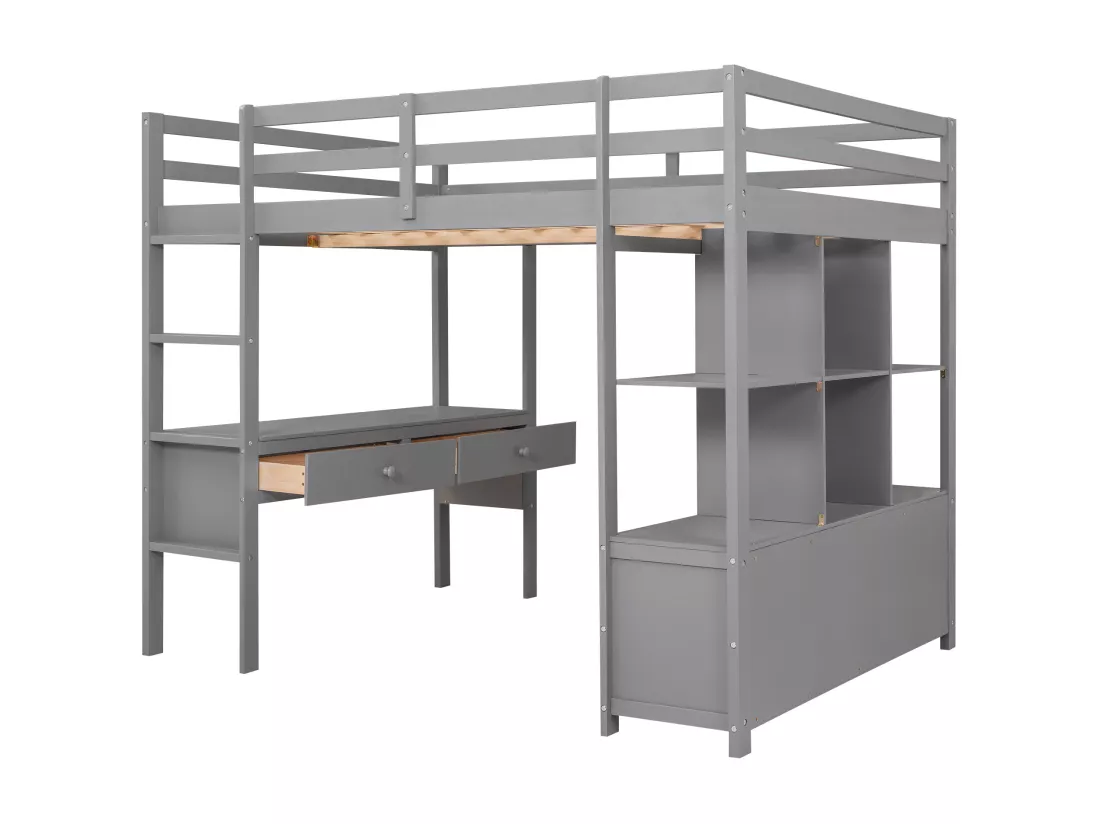 Lit mezzanine enfant 140 x 200 cm avec tiroirs et bureau - Bois de pin - Sommier à lattes - Gris