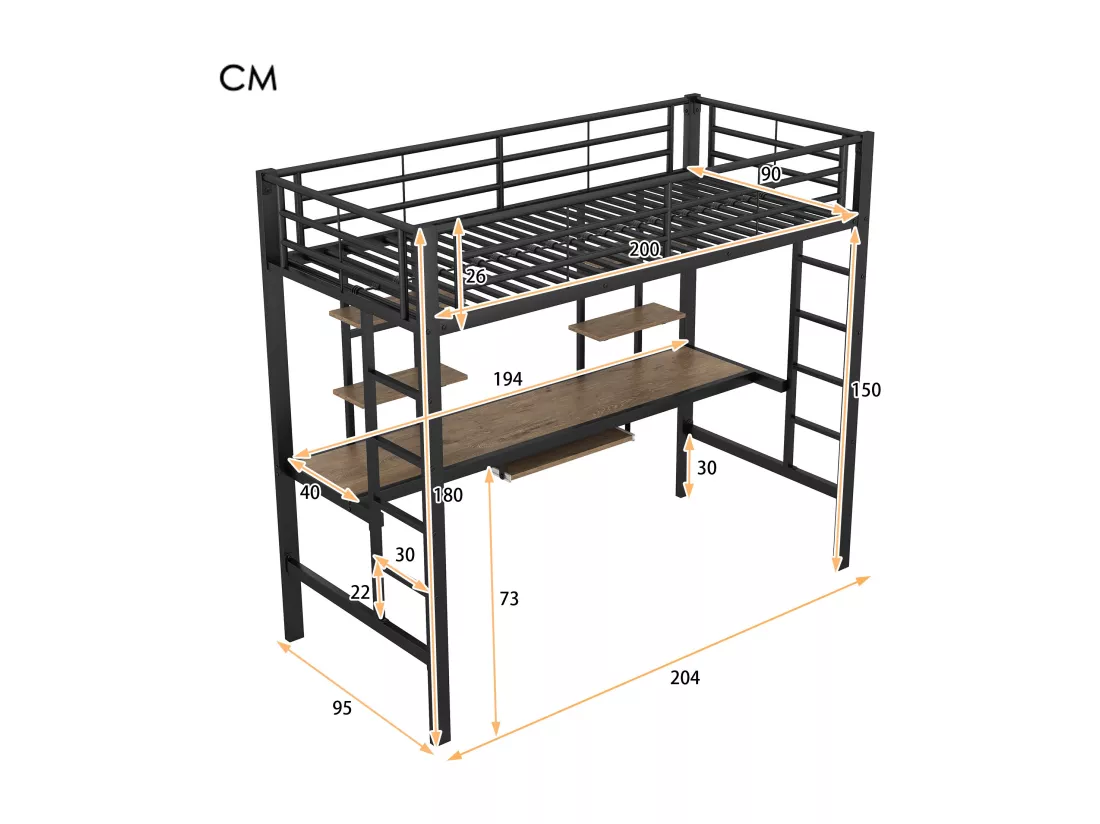 Lit mezzanine métallique noir avec bureau et deux étagères pour adolescents et adultes 90x200cm GUUQNOKS