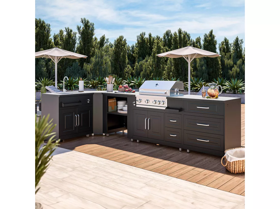Cuisine d'extérieur angle 5 éléments avec évier et barbecue