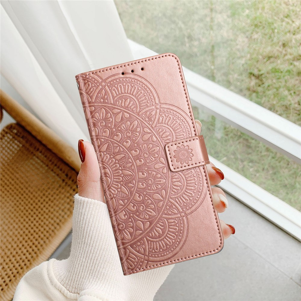 iPhone 17 Pro Leder Tasche Wallet - Mandala Flowers Imprint - Roségold
