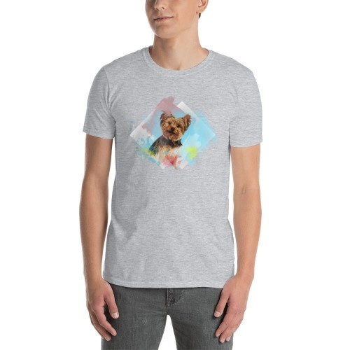 Camiseta masculina Mascochula em aquarela, personalizada com a foto do seu pet cinza.