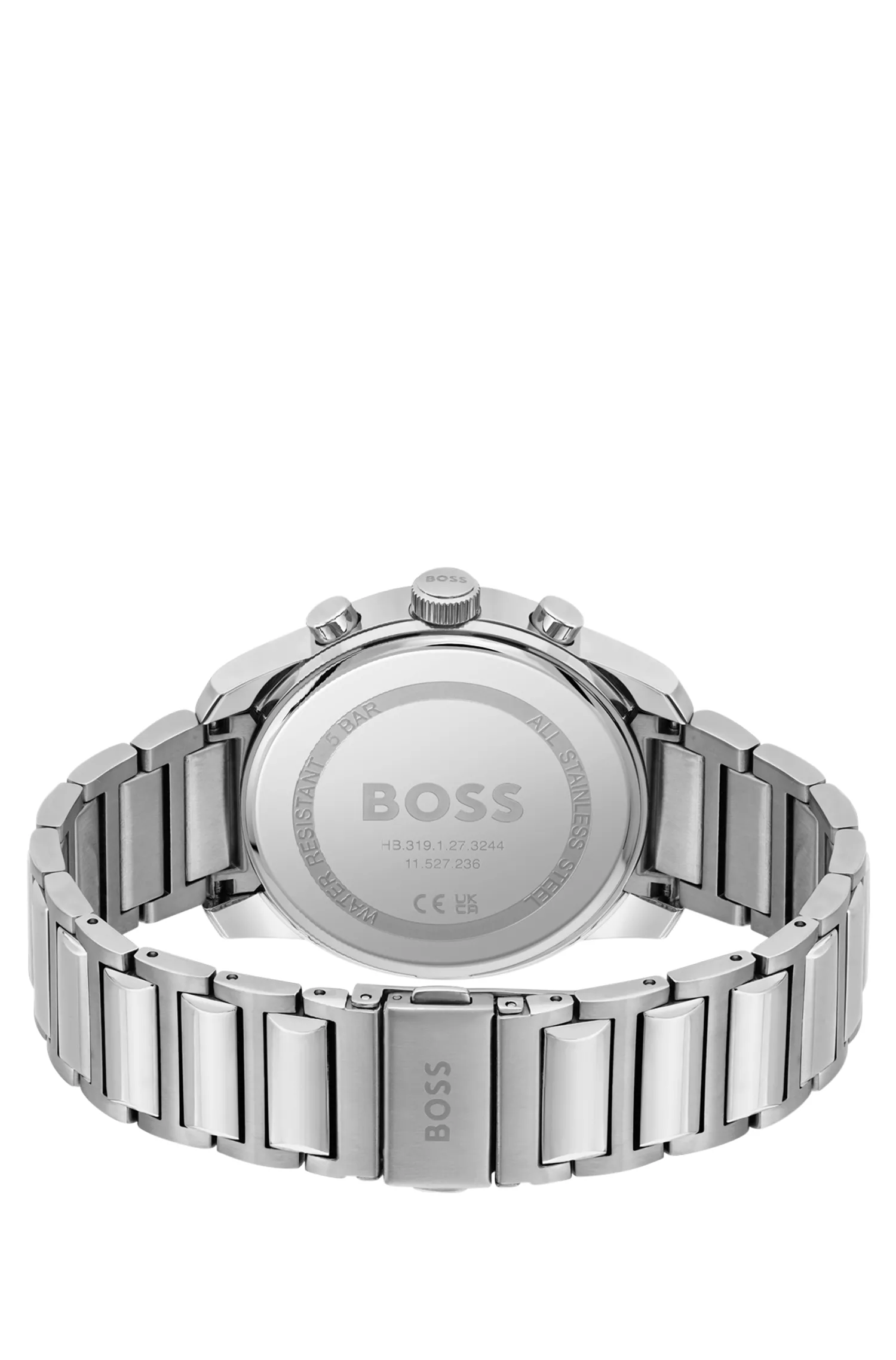 Relógio cronógrafo BOSS com pulseira de elos pretos e mostrador azul.
