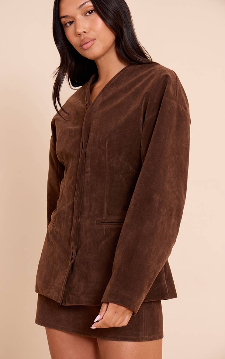 Marron Foncé Ensemble Blazer Sans Col En Synthétique À Manches Cocon