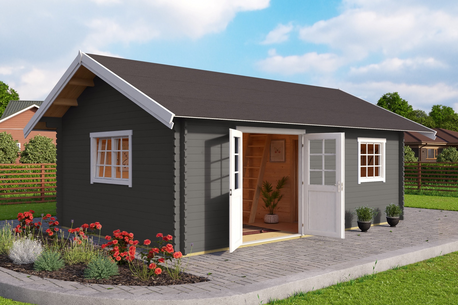 Gartenhaus CAROLINE SET GOLD - carbongrau - Fichte massiv - 575x390 cm
