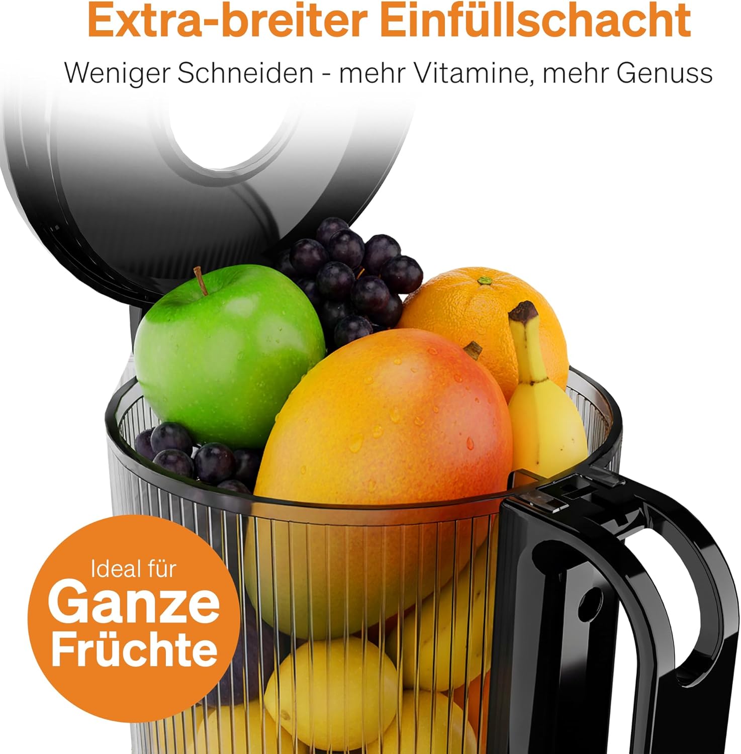 Entsafter Slow Juicer - Entsafter Gemüse und Obst Testsieger - 130 mm XXL Einfüllschacht, 1,8 L Füllvolumen, Juicer Machine mit 2 Gläsern, 3-fach Edelstahl-Filter, einfache Reinigung, 250W