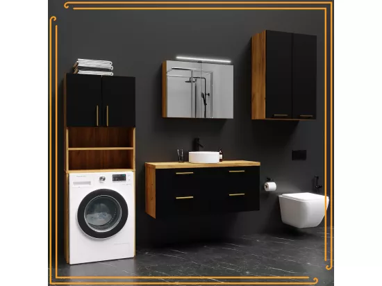 Armoire de salle de bain pour lave-linge et sèche-linge, colonne de rangement pour électroménager en chêne noir.