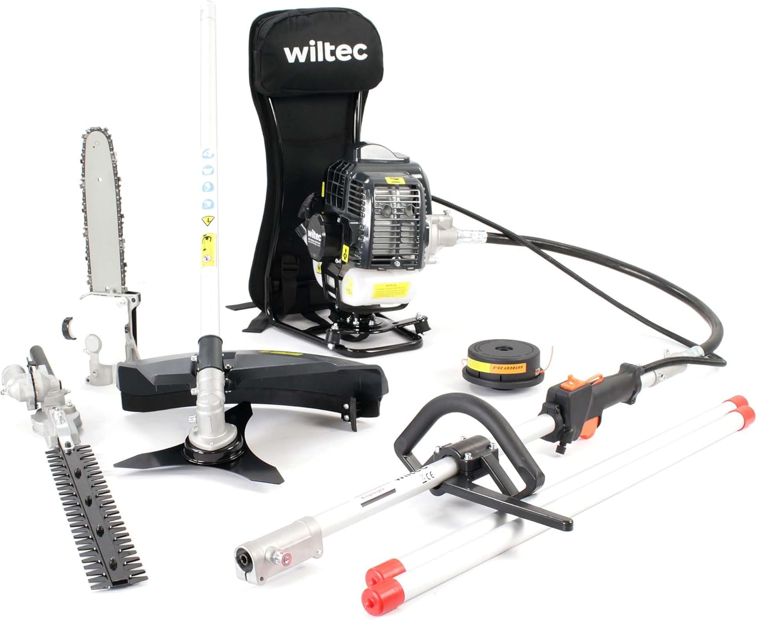 Wiltec 4-in-1 Multifunktionsgerät mit 2-Takt-Motor mit Rucksack, Backpacker Multigartengerät, Multitool Gartenwerkzeug mit u.a. Rasentrimmer