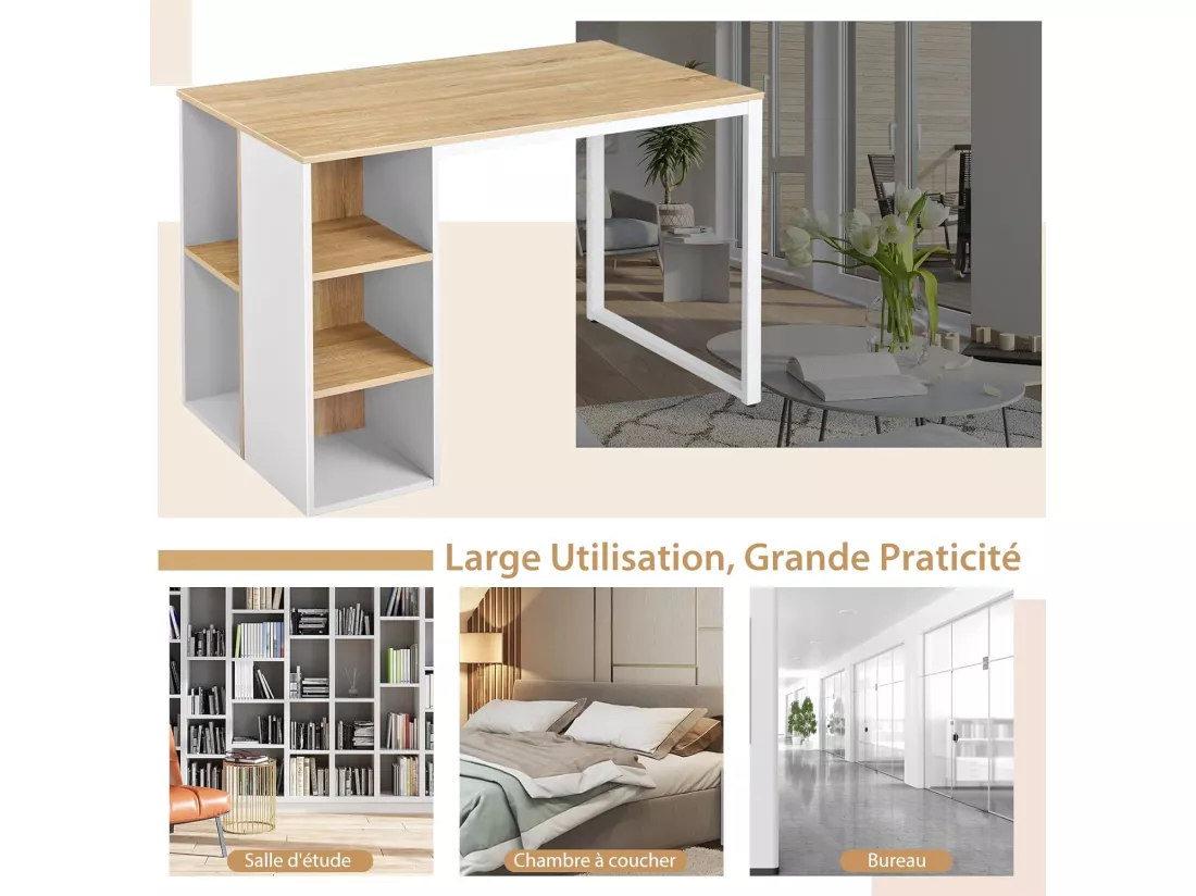 Bureau d'Ordinateur avec Bibliothèque, Bureau Informatique avec 5 Compartiments, Cadre en Métal, Table d'Ordinateur pour Bureau, Chambre, Studio, 115 x 59,5 x 75 cm (Naturel)