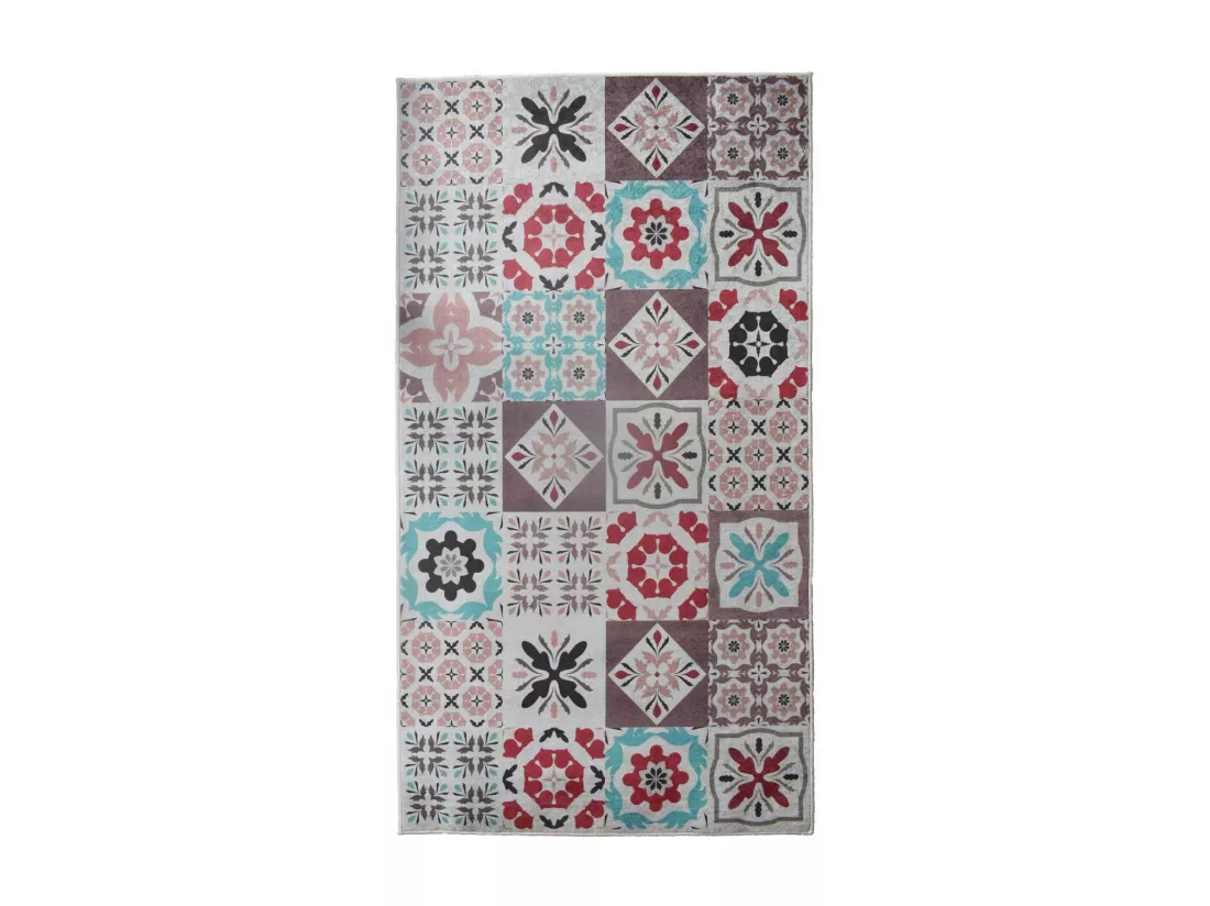 Tapis couloir 80x300 rouge et bleu motif carreaux de ciment CAROMENT B