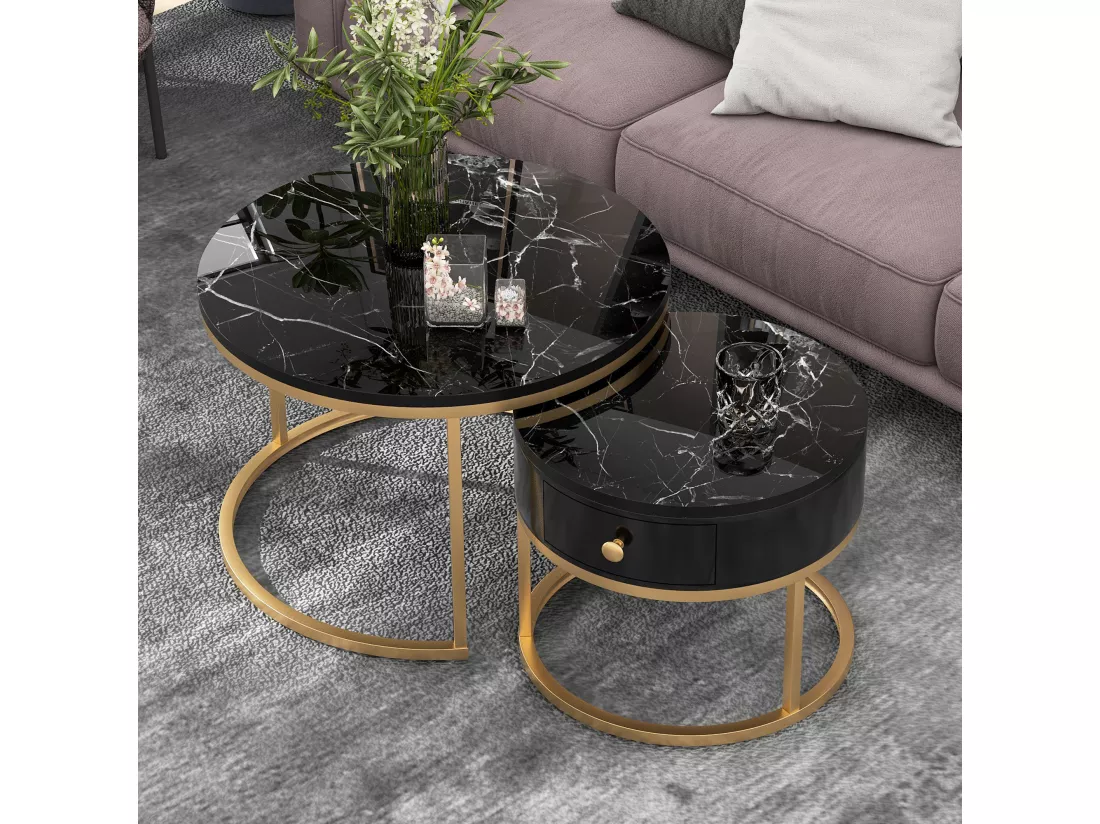 Lot de 2 tables basses rondes gigognes avec 1 tiroir moderne motif marbre brillant - bois MDF et métal doré - Noir