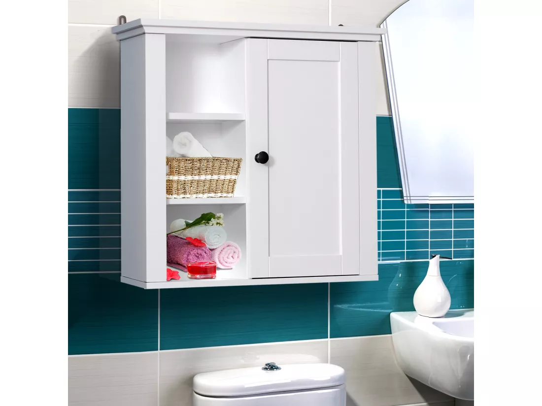 Armoire haute murale de salle de bain ou WC placard 1 porte 3 niches dim. 53L x 14,5l x 50,5H cm MDF panneaux particules blanc