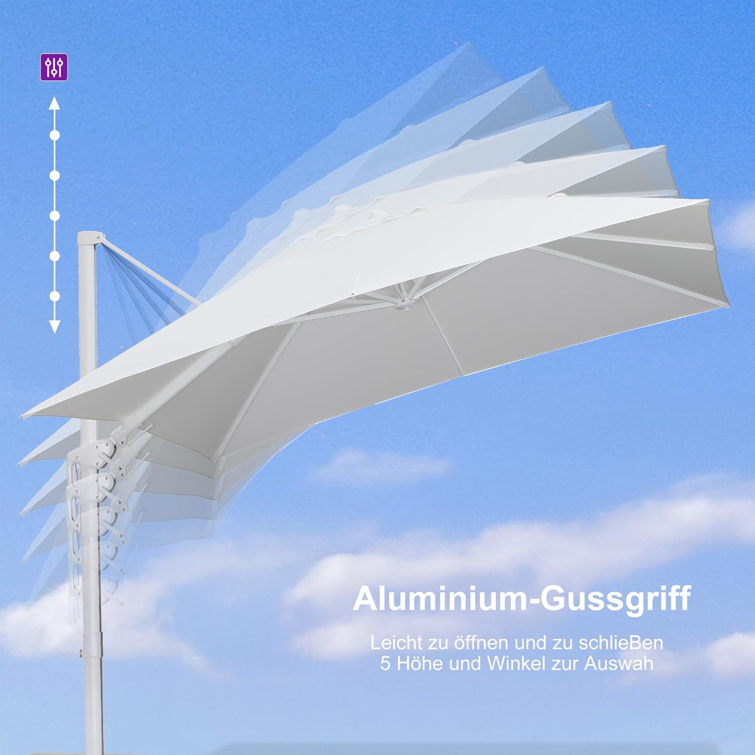 PURPLE LEAF Sonnenschirm 300 x 300 cm, Ampelschirm Twist mit Kurbel, Gartenschirm mit Weißer Alu Rahmen, 360° Rotation, Beidseitig Axial Schwenken, Weiß